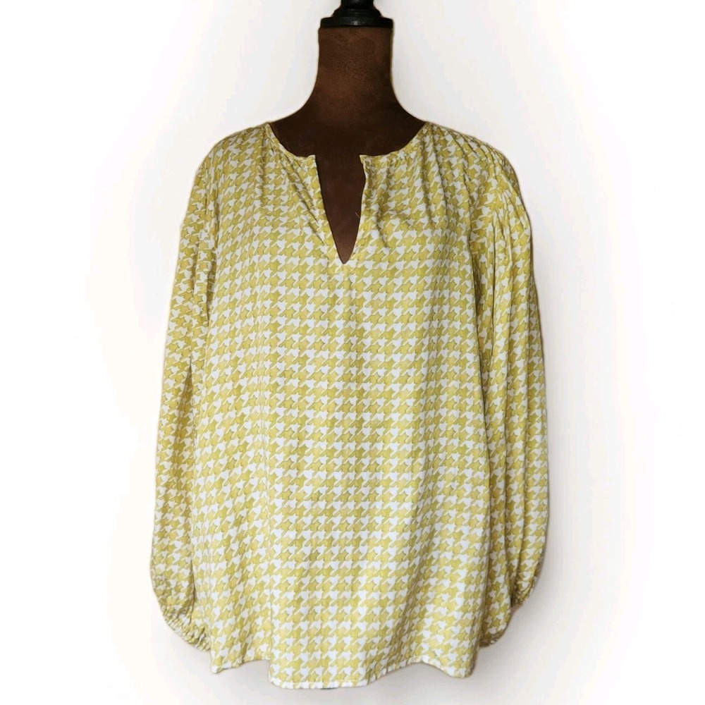 Brooke Wright Blouse Size M Relaxed Boho Peasant‎ Yellow Green Houndstooth USA